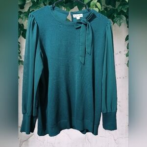 Indigo Rose- Emerald Green  Sweater with Bow Accent And Semi-sheer Sleeves, 1X